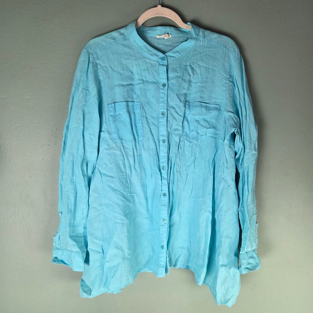 Eileen Fisher Womens Large Irish Linen Top Blue Button Front Lightweight Blouse